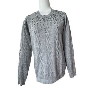 Isaac Mizrahi Live Gray Sweater Cable Knit Gemstone QVC Cardigan Size Small